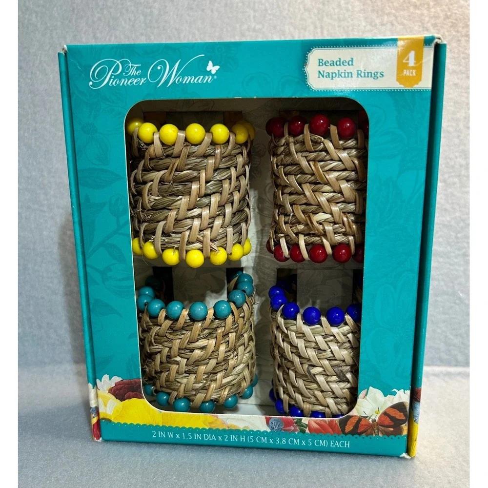 The Pioneer Woman Beaded Napkin Rings Multicolor OS Woven Natural Material 4 Pk